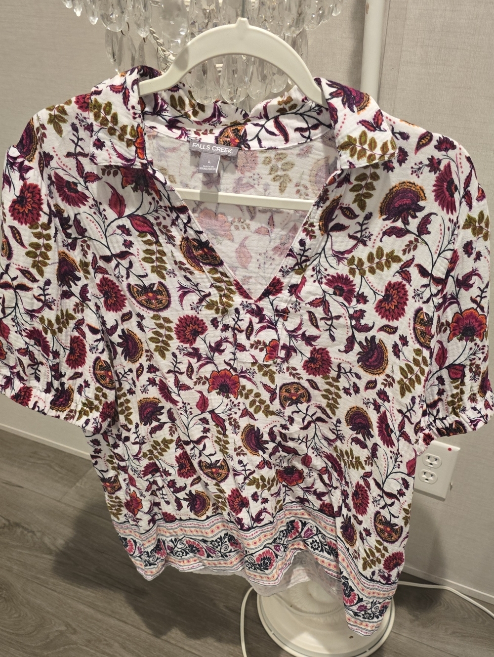 Falls Creek White Floral V-Neck Tunic with Pink and Olive Motif